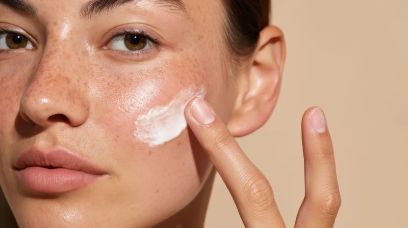 Woman applying cream to her face with finger in closeup