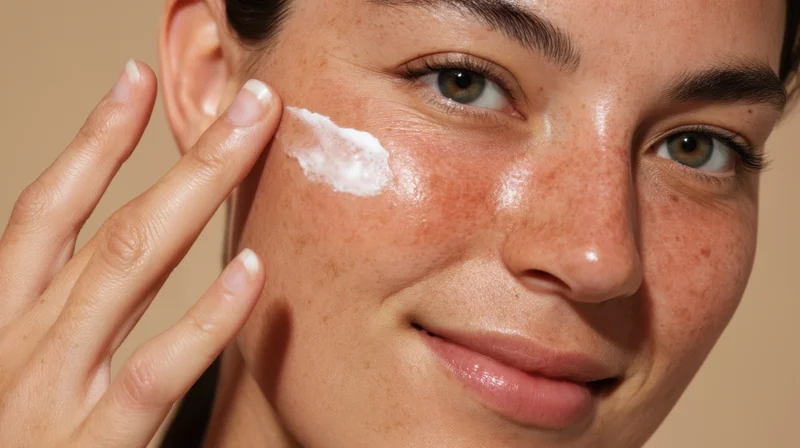 Woman applying cream to her face in close-up view