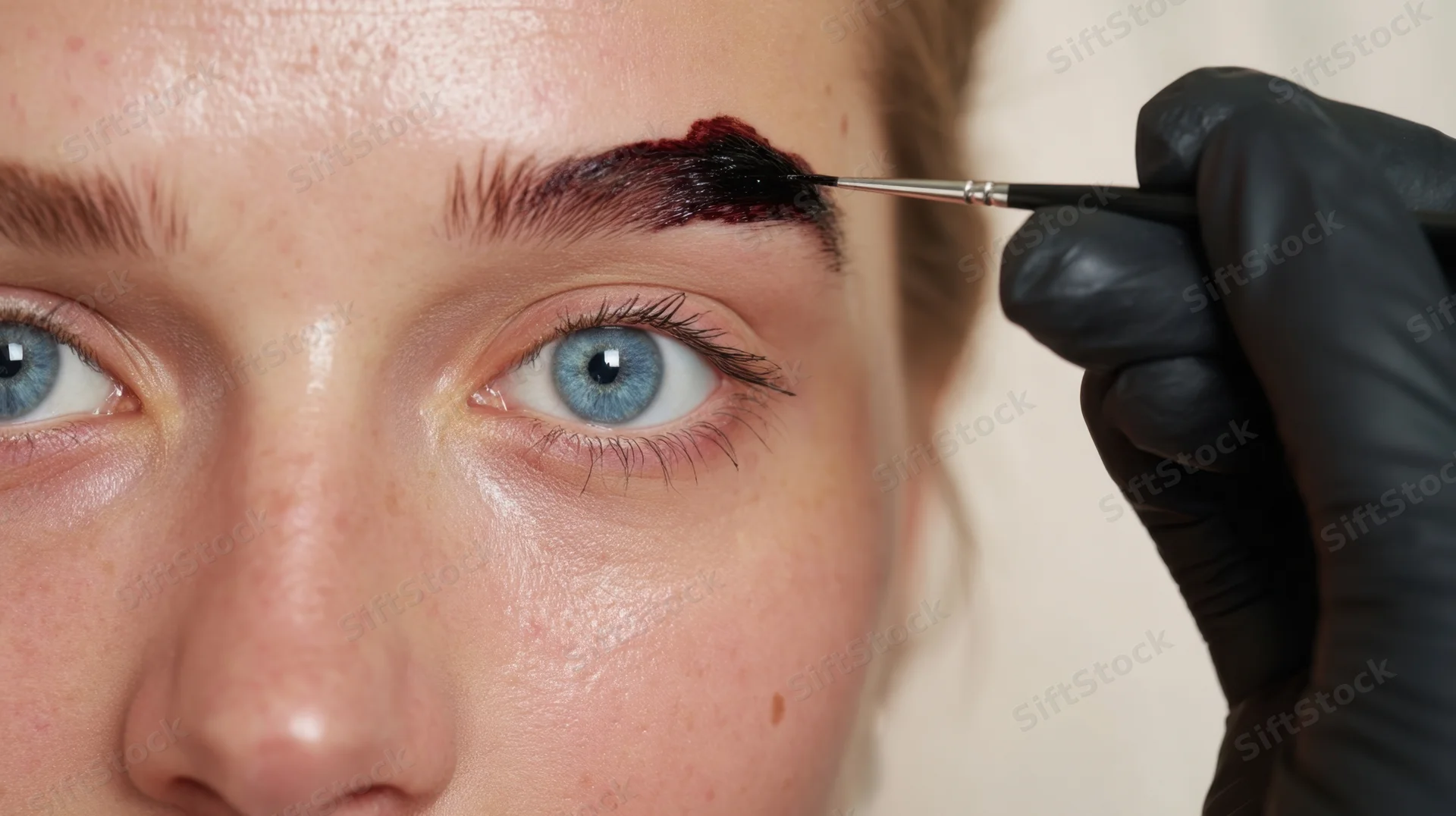 Woman receiving eyebrow tinting treatment with precision brush application