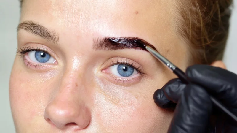 Woman receiving eyebrow tint application with precision brush in salon setting