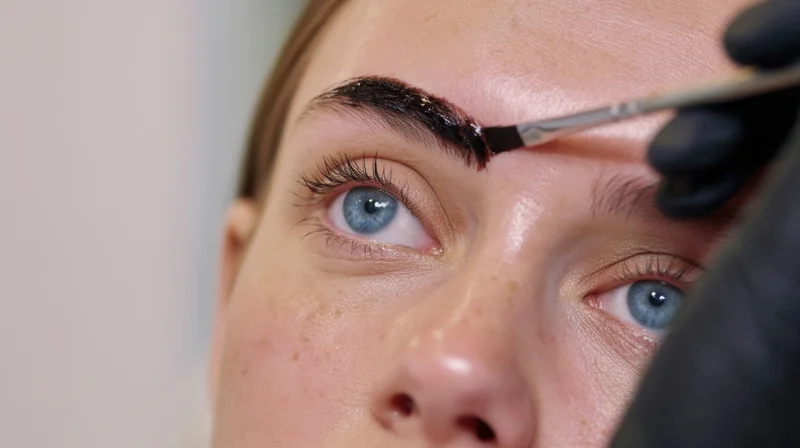 Woman receiving eyebrow tinting treatment with precision brush in salon