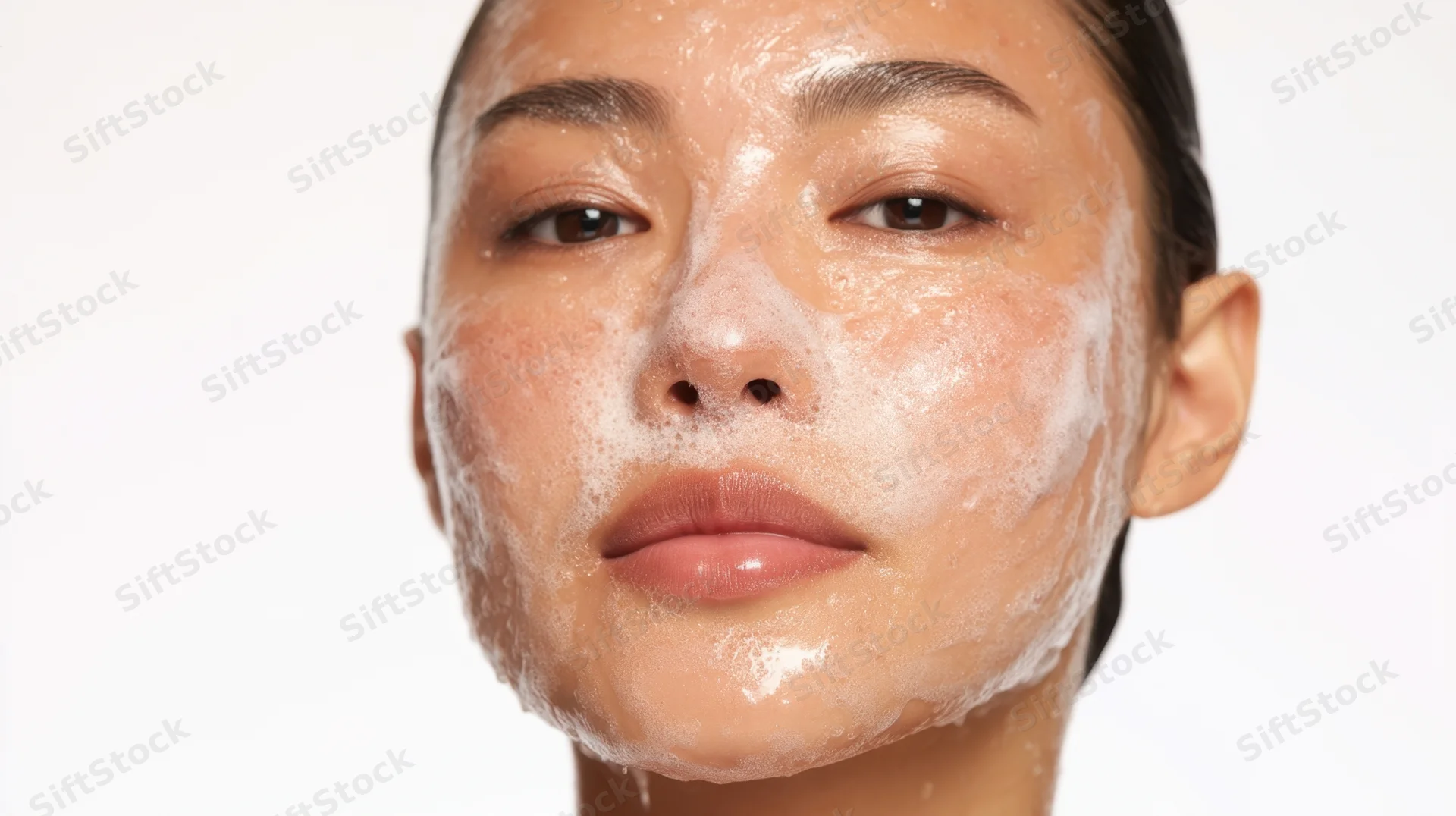 Close-up of a woman with foam on her face during facial cleansing