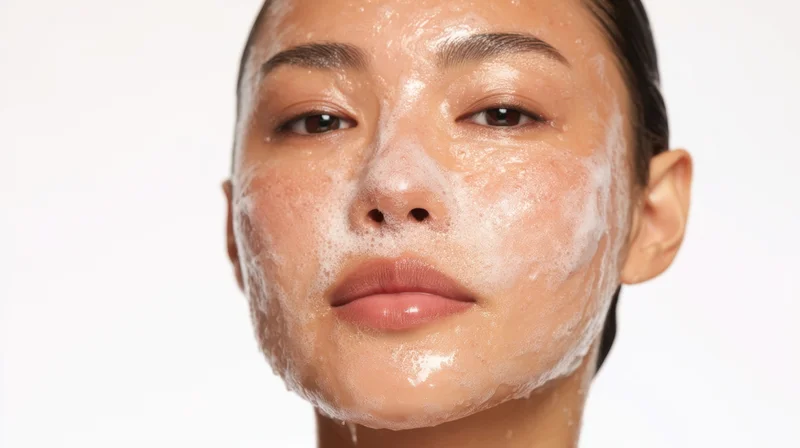 Close-up of a woman with foam on her face during facial cleansing