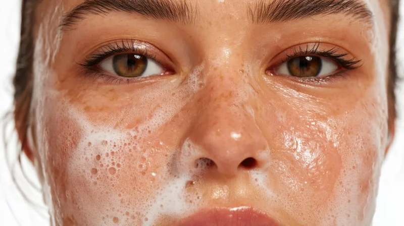Close-up of a woman’s face with cleansing foam applied during skincare routine