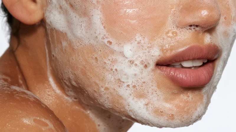 Close-up of a woman’s face covered in cleansing foam during skincare routine