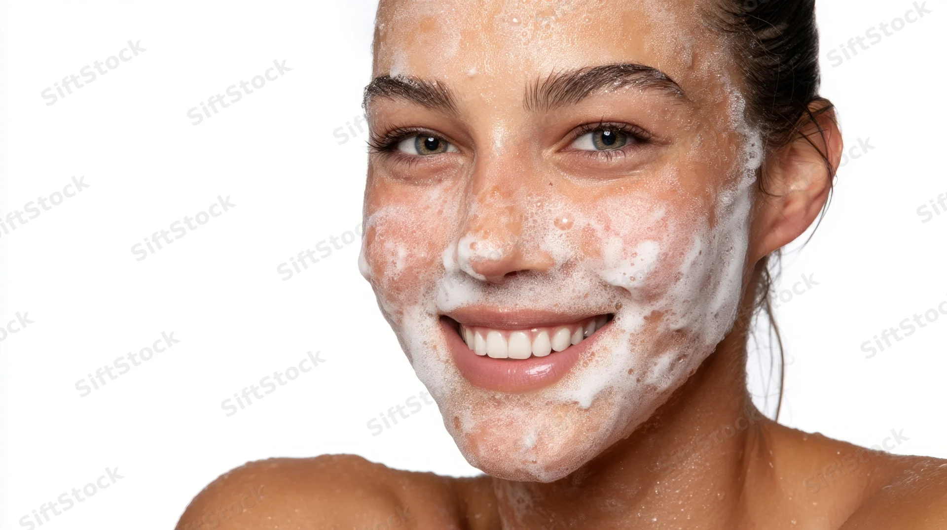 Woman with foamy cleanser on face smiling against white background
