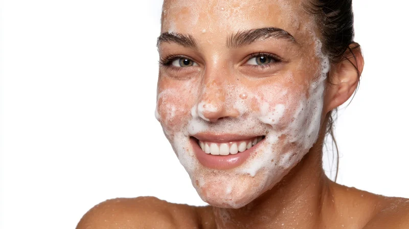 Woman with foamy cleanser on face smiling against white background