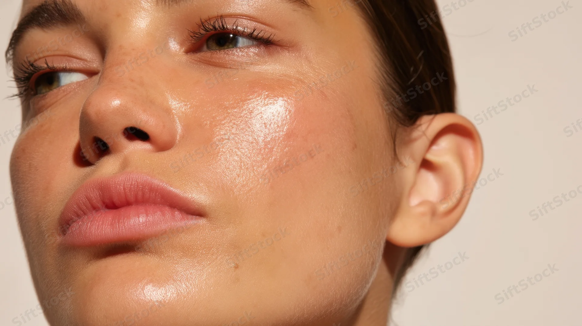 Close-up of a woman’s face showing glowing, moisturized skin with natural makeup and visible freckles