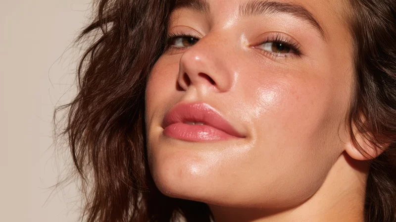 Close-up of a young woman’s face with glowing skin and natural makeup, studio lighting