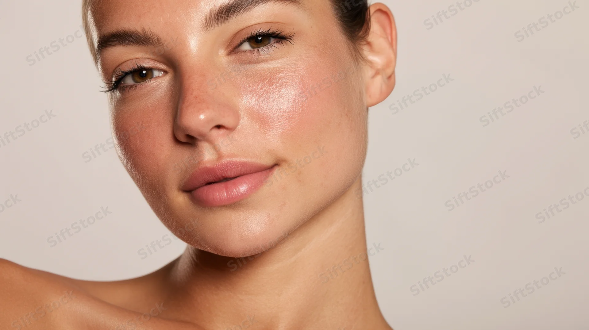 Close-up of a woman’s face showing natural glowing skin against a neutral background