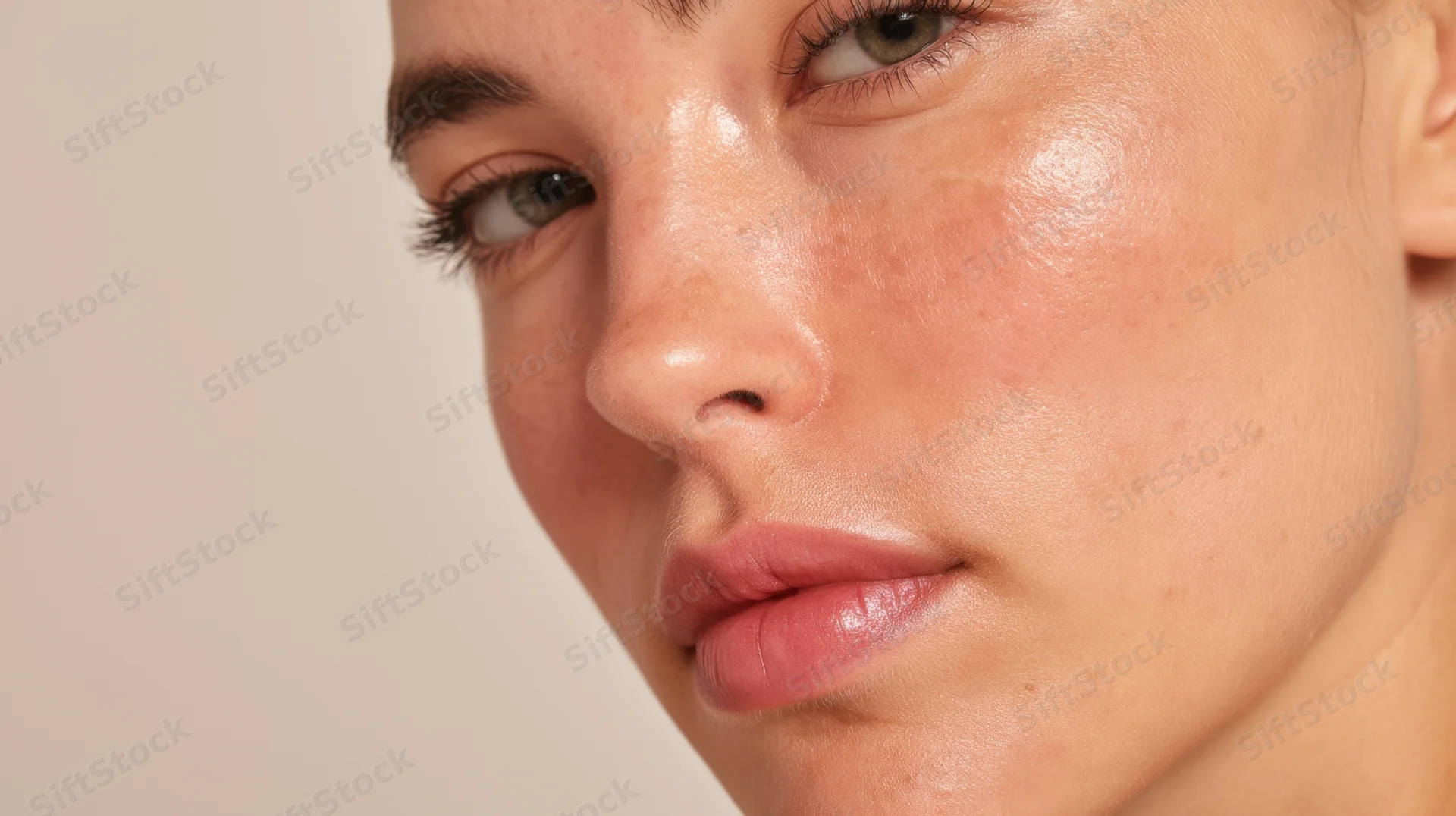 Close-up of a woman's face showing natural glowing skin with freckles and clear complexion
