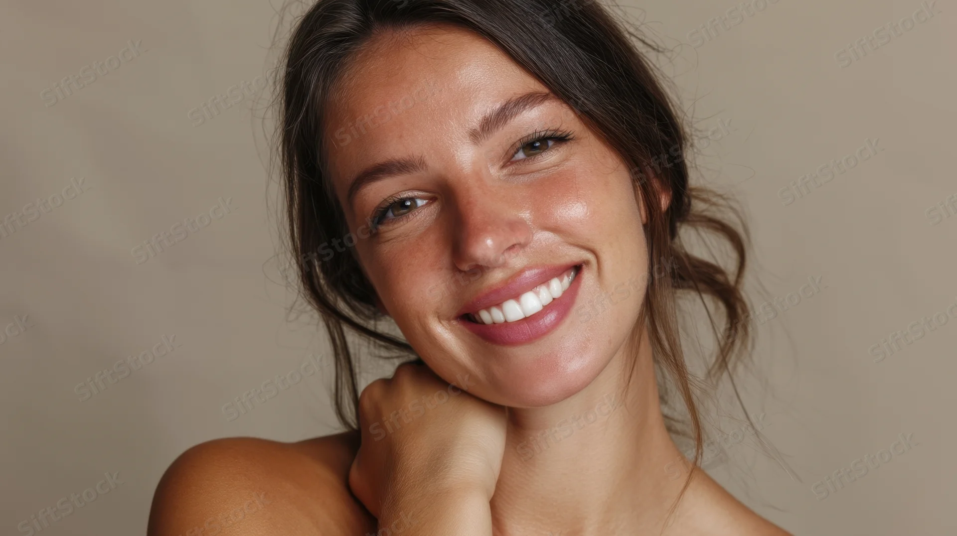 Smiling woman with clear skin resting hand on neck in studio portrait