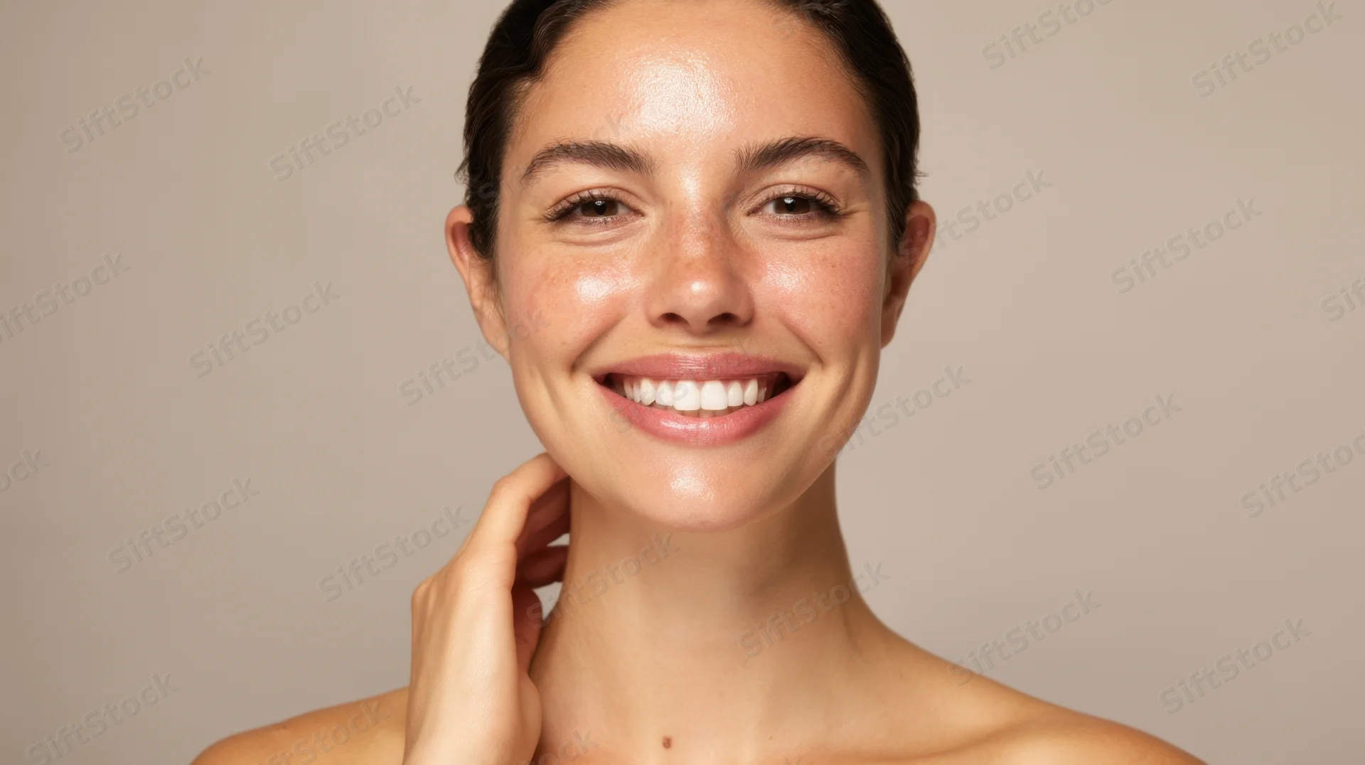 Woman smiling with hand on neck in studio portrait