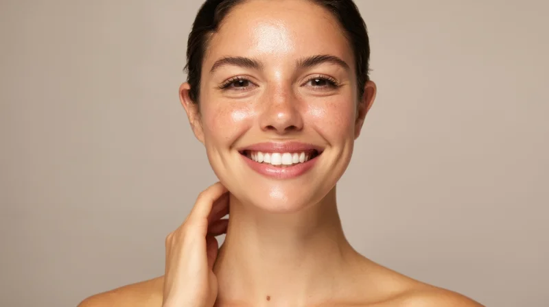 Woman smiling with hand on neck in studio portrait