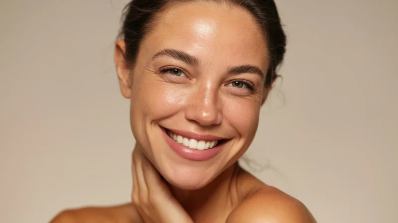 Close-up of a smiling woman with radiant skin touching her neck