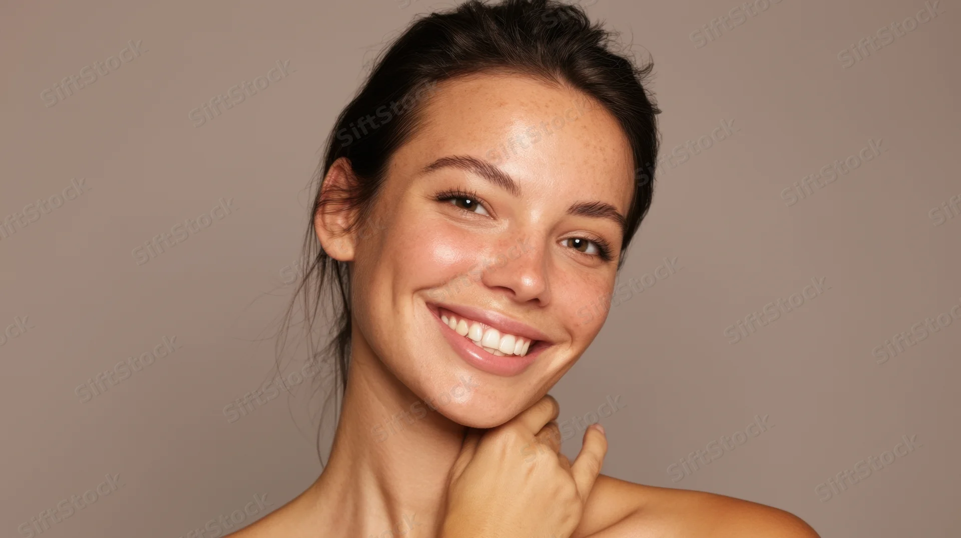 Smiling woman touching her neck in a studio portrait with neutral background