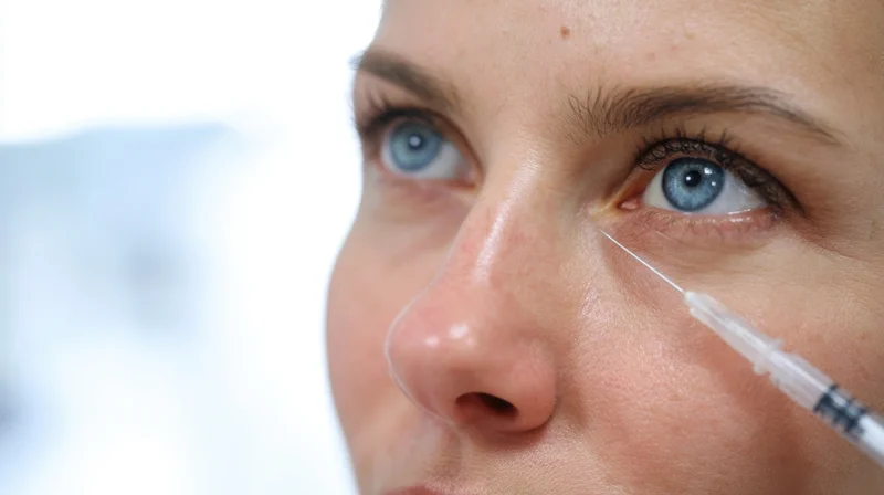 Close-up of a woman receiving a facial injection near her eye in a medical setting