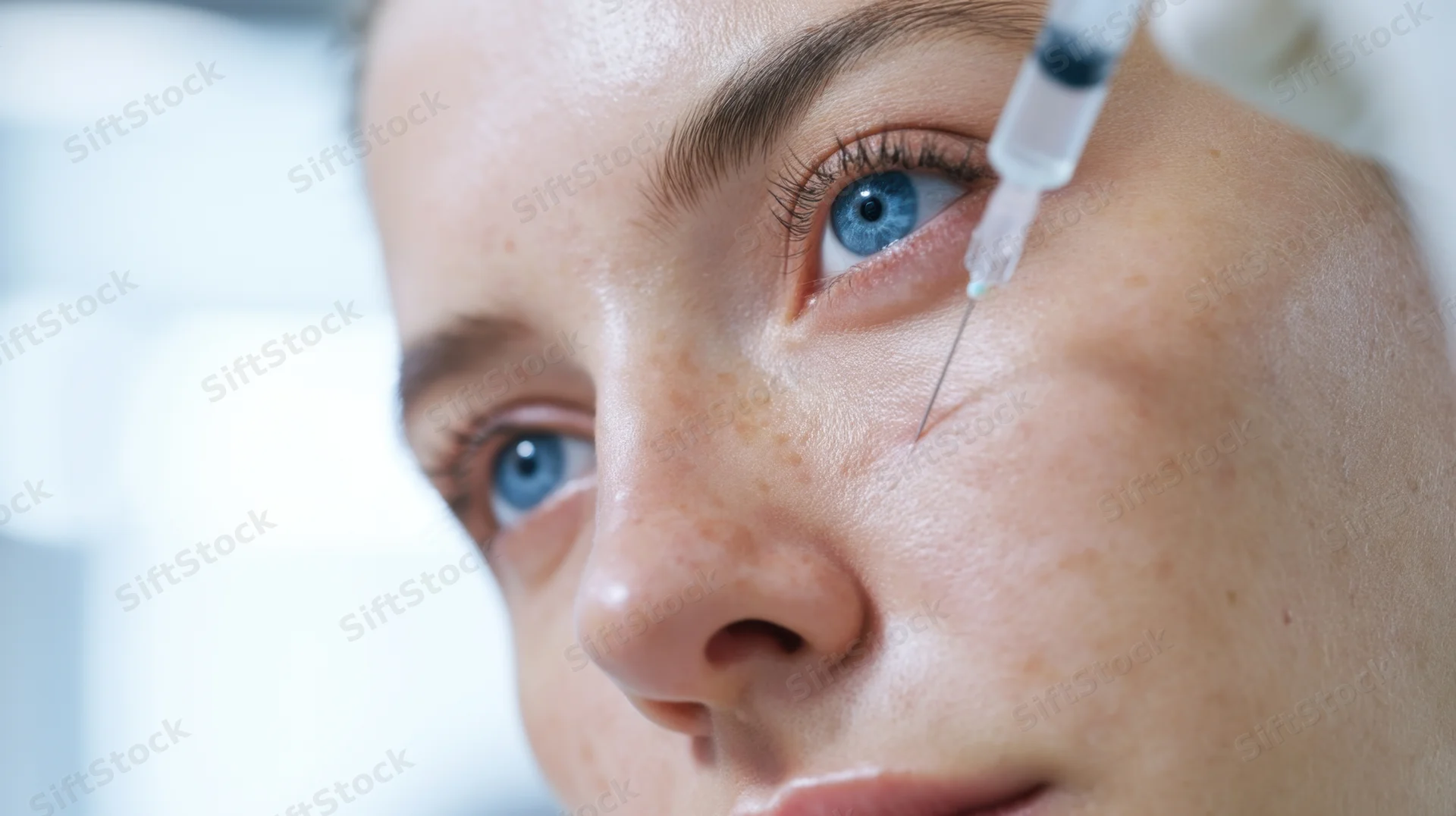 Woman receiving facial injection near eye in clinical setting