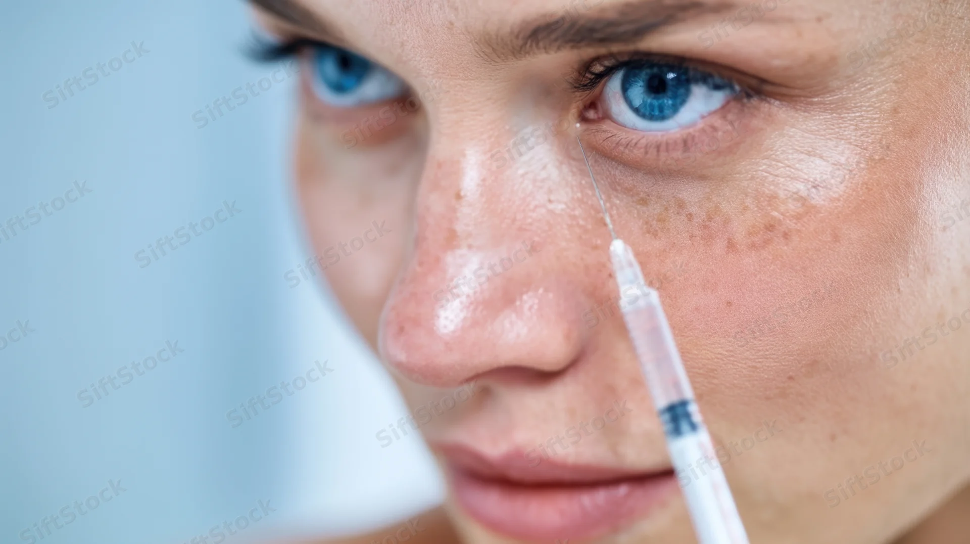 Close-up of a woman receiving a facial injection near her eye in a clinic setting