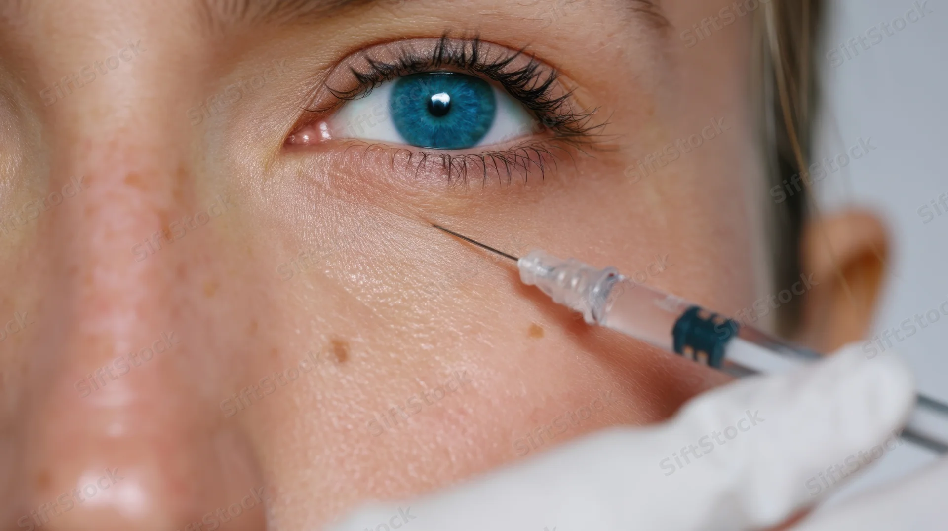 Close-up of a woman receiving a facial injection under her eye in a medical setting