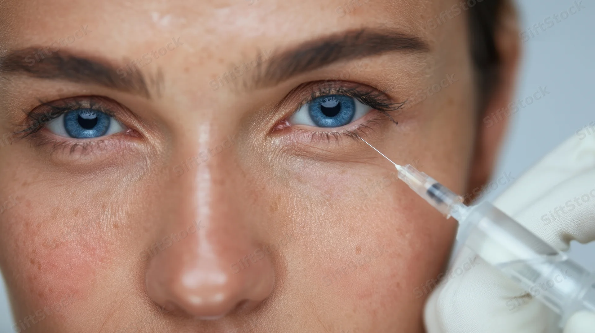 Woman receiving facial injection near eye in clinic setting