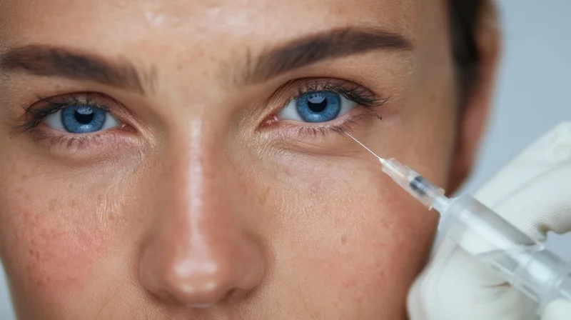 Woman receiving facial injection near eye in clinic setting
