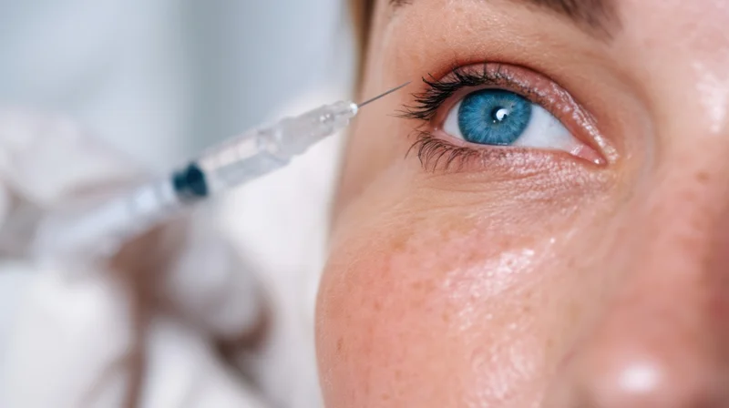 Close-up of a woman’s blue eye as a syringe injects near the eyelid in a cosmetic treatment setting