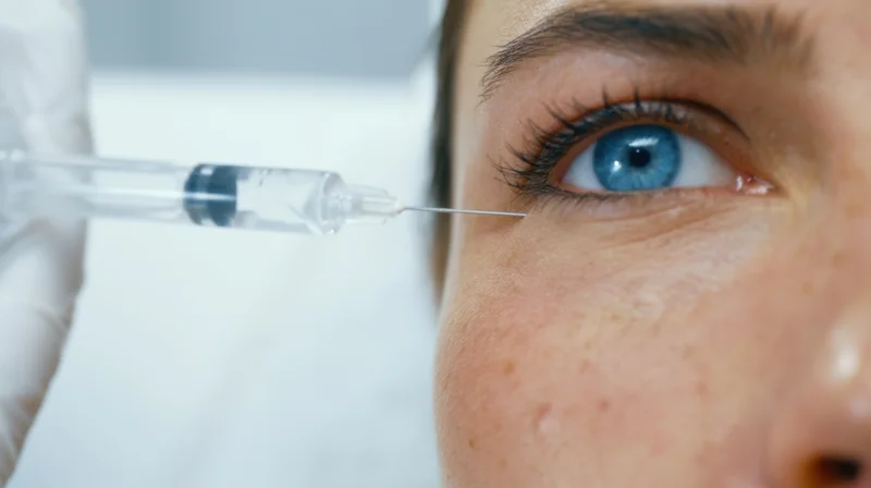 Close-up of a woman receiving an eye injection for cosmetic treatment in a clinic
