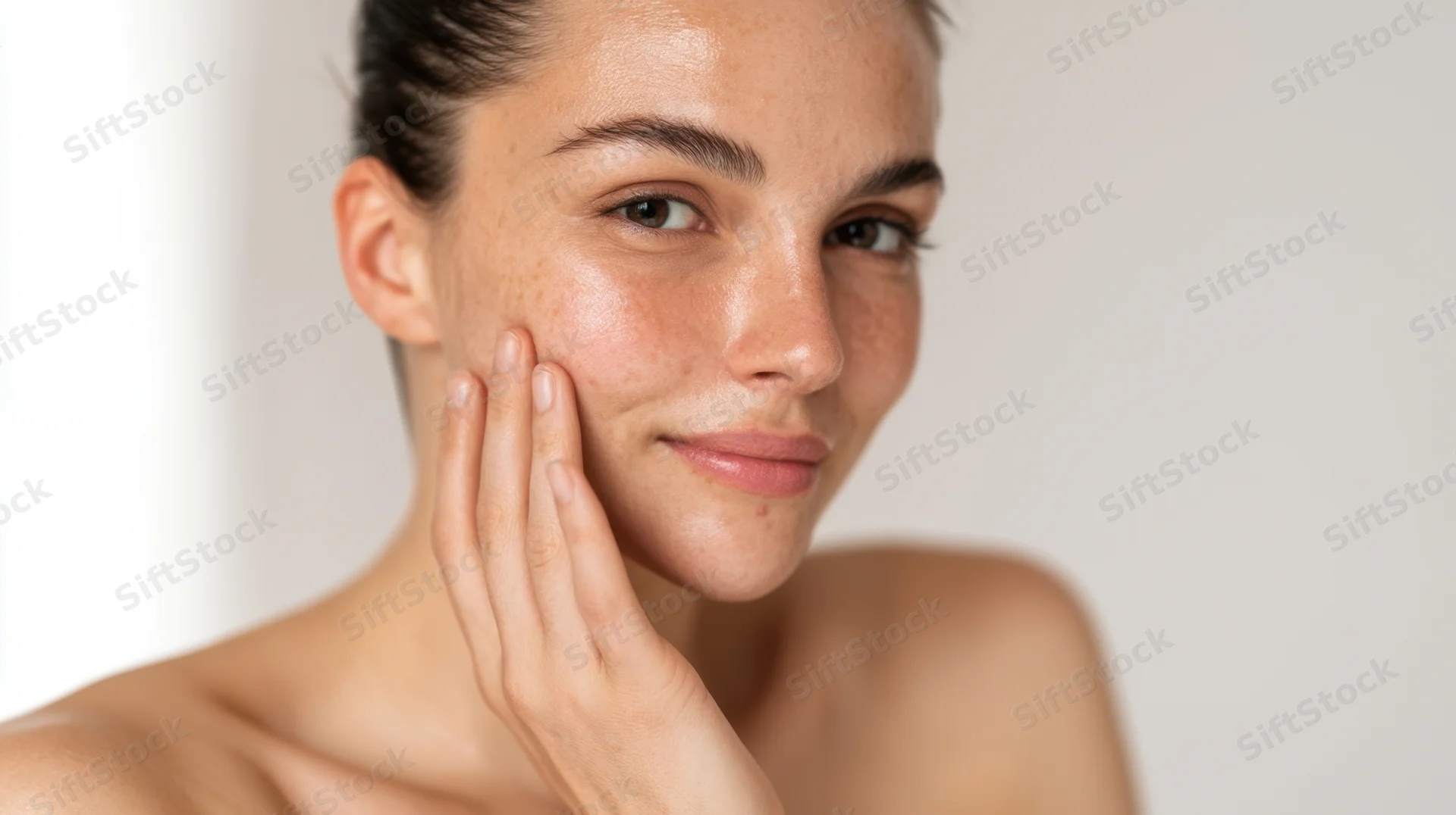 Young woman touching her face with hand, showing clear glowing skin in close-up portrait