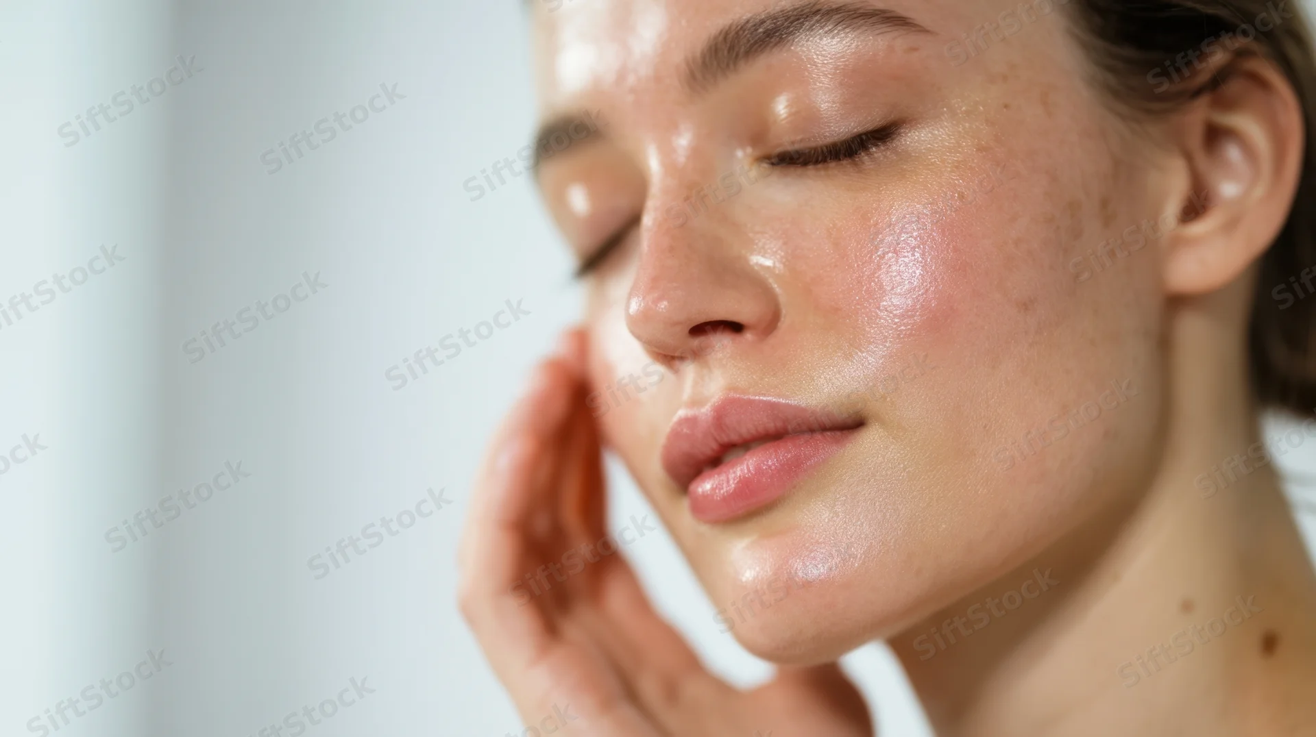 Woman touching her glowing moisturized face in closeup