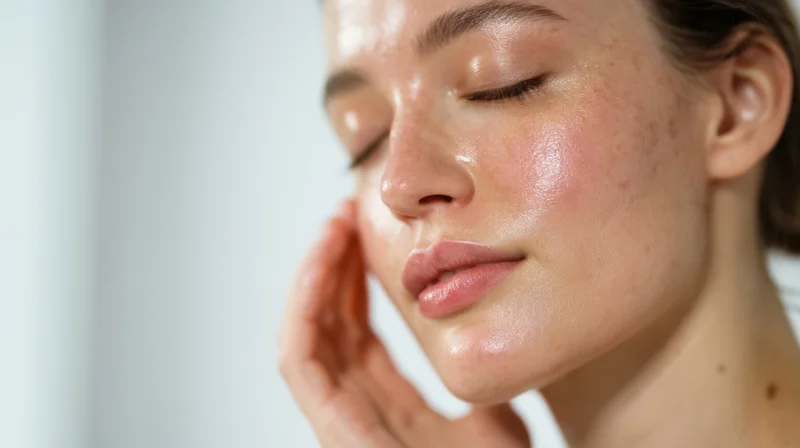 Woman touching her glowing moisturized face in closeup