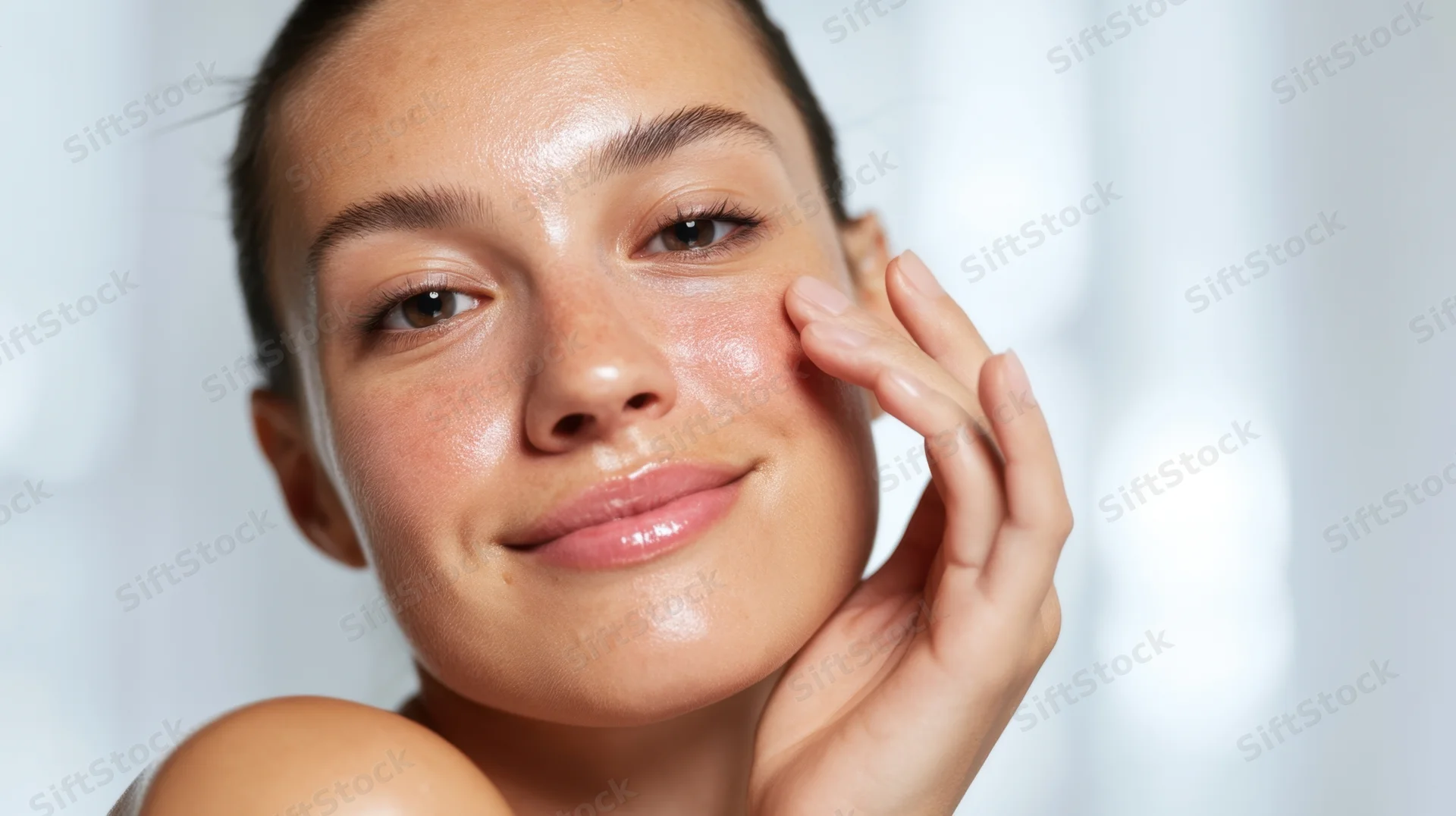 Woman applying moisturizer to her cheek in close-up portrait