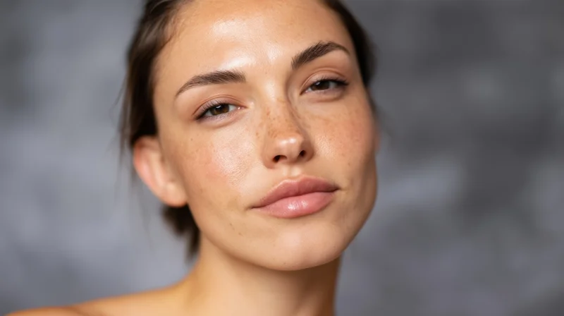 Close-up portrait of a young woman with freckles and natural makeup, soft studio lighting, neutral expression