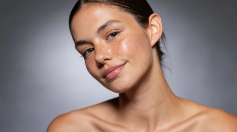 Close-up of a young woman with natural glowing skin smiling softly in studio lighting