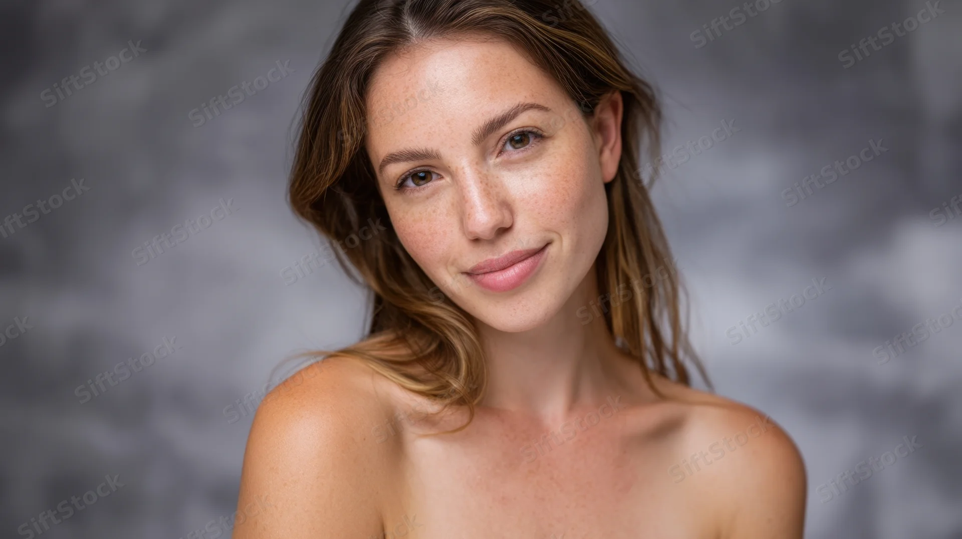 Close-up portrait of a smiling woman with freckles and brown hair, bare shoulders, in a studio setting