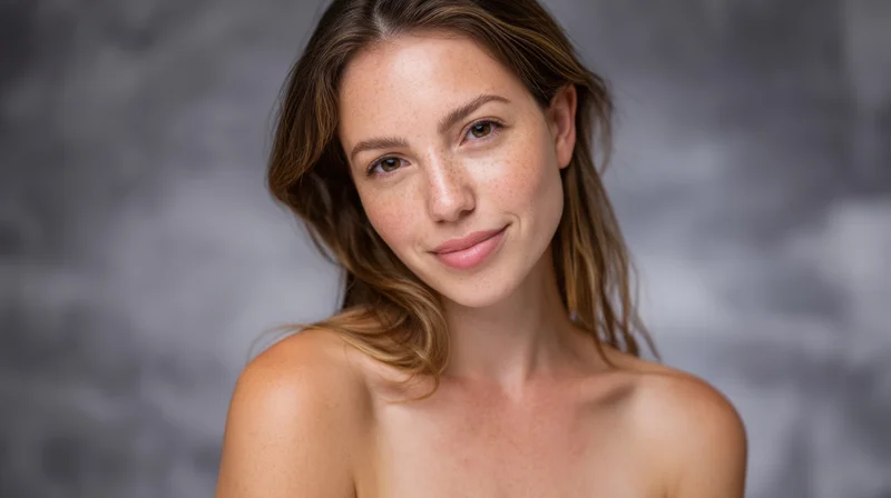 Close-up portrait of a smiling woman with freckles and brown hair, bare shoulders, in a studio setting