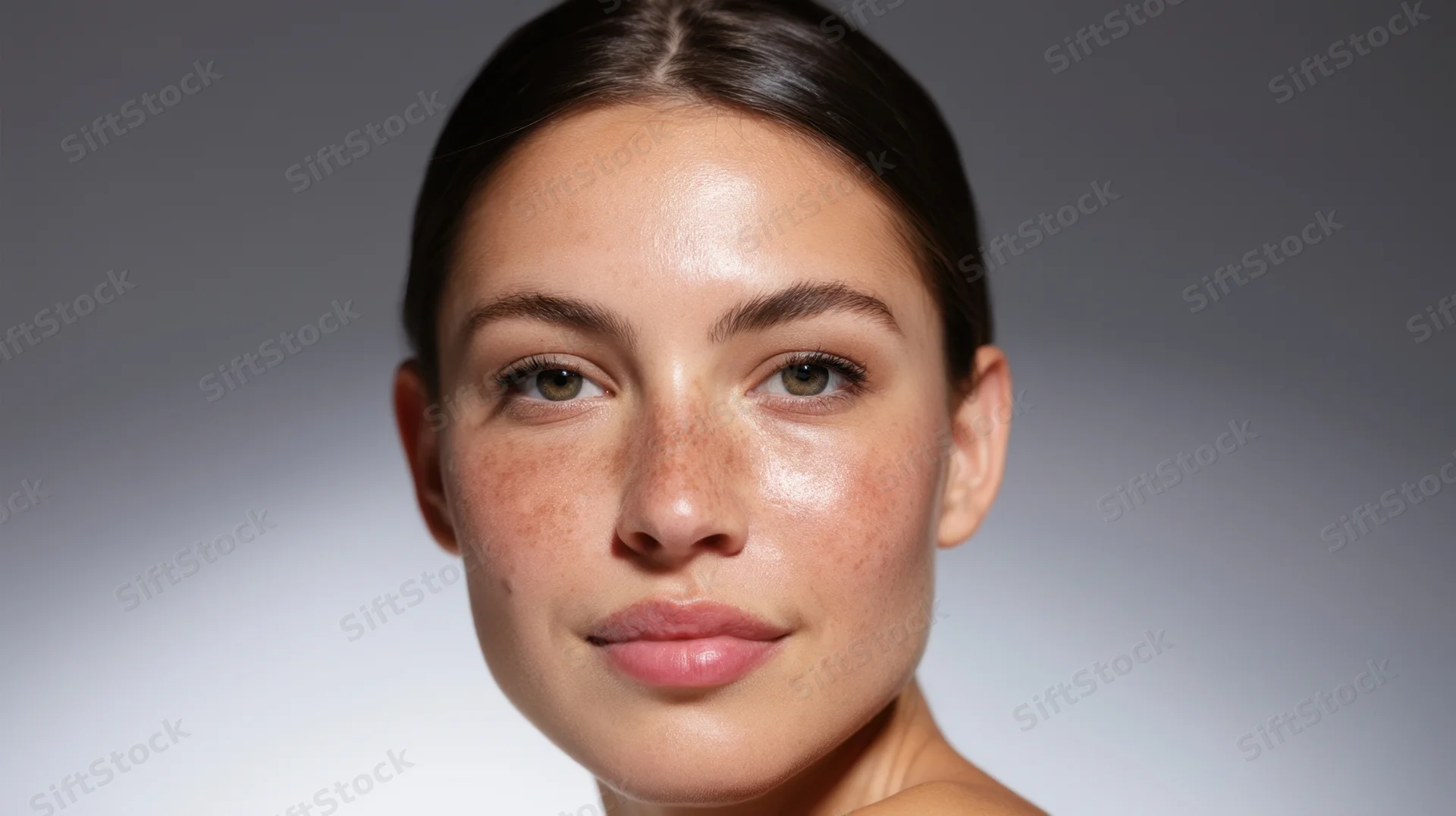 Close-up portrait of a young woman with freckles and natural glowing skin against a gradient gray background