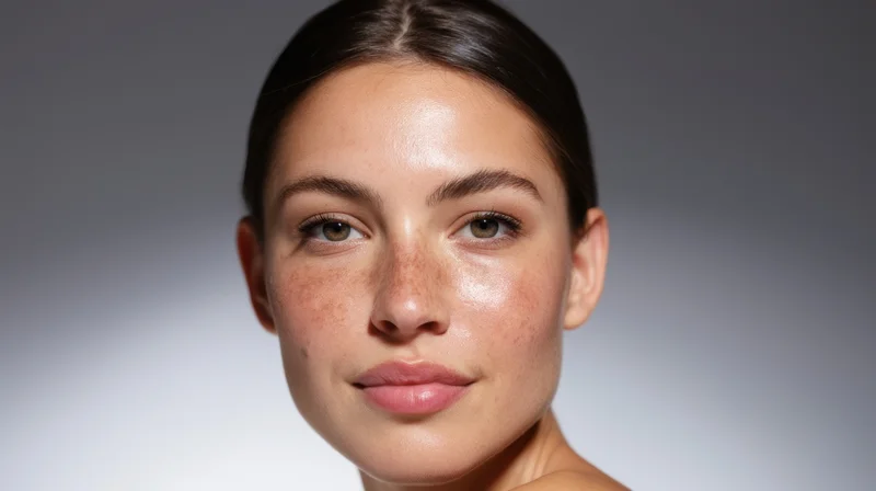 Close-up portrait of a young woman with freckles and natural glowing skin against a gradient gray background