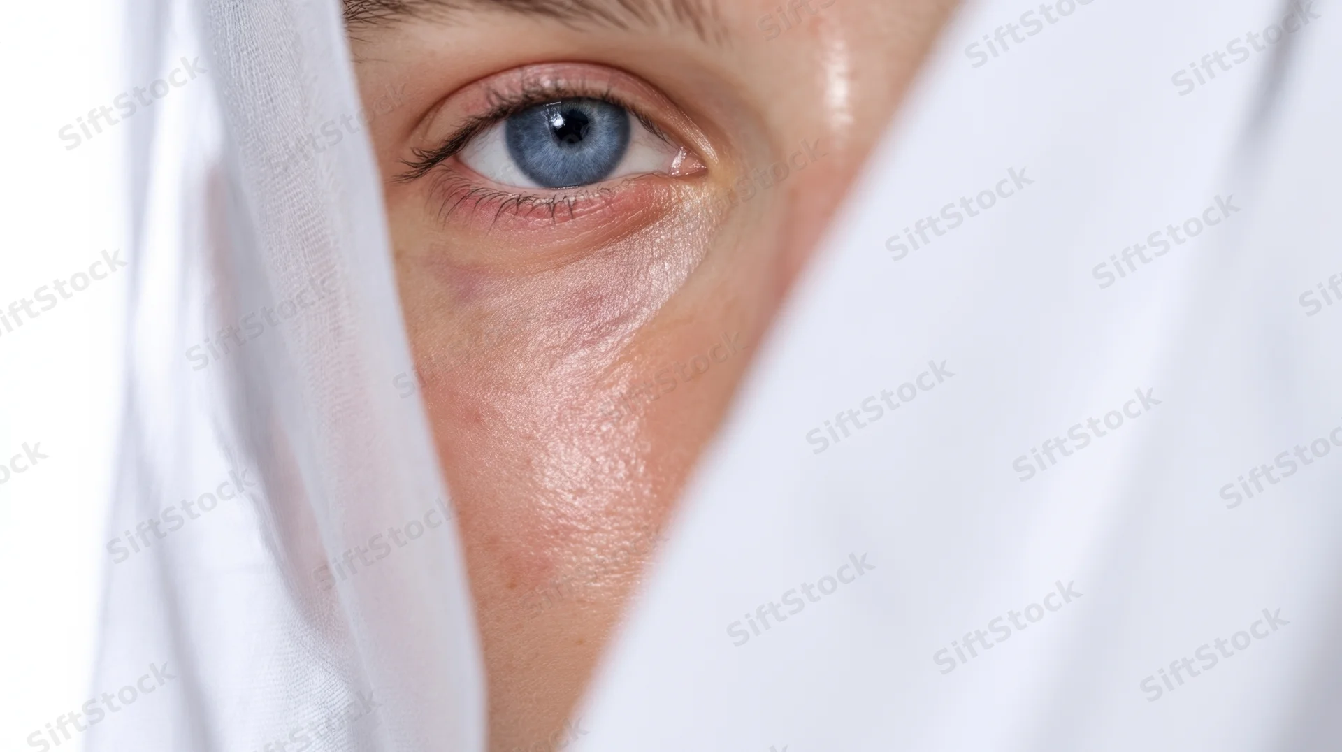 Close-up of a woman's blue eye peeking through a white sheer veil
