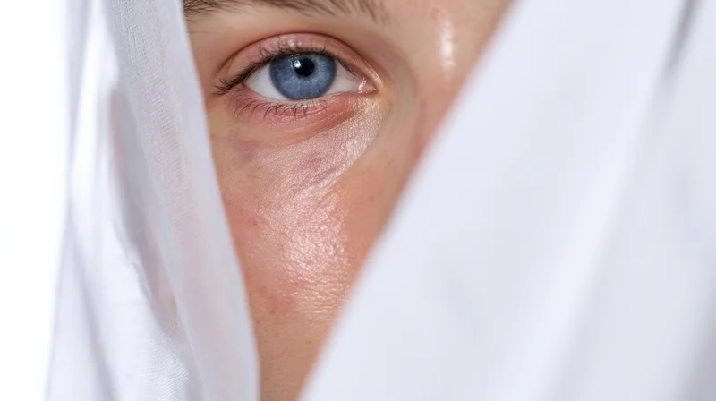 Close-up of a woman's blue eye peeking through a white sheer veil