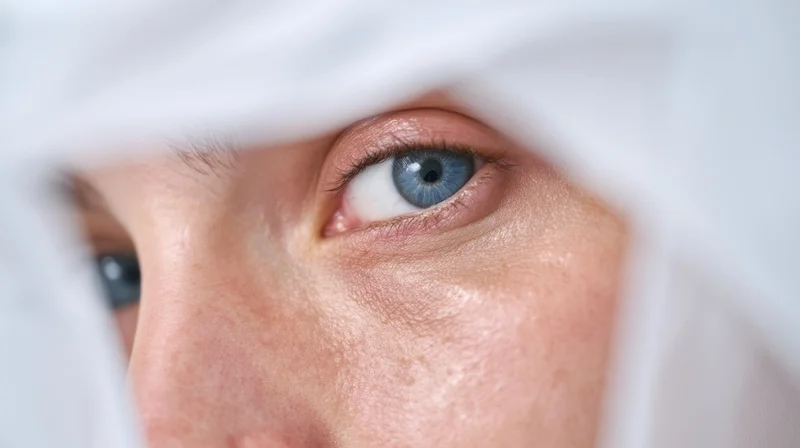 Close-up of a woman’s blue eye peeking through a white towel during a facial treatment
