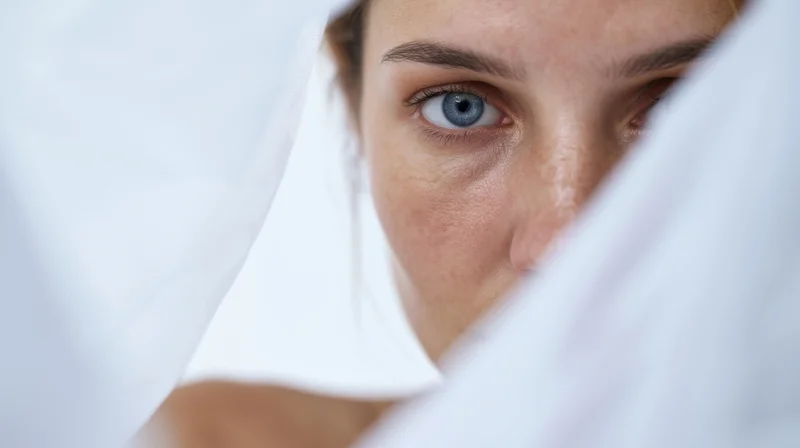 Woman peeking through white fabric with blue eyes in close-up view