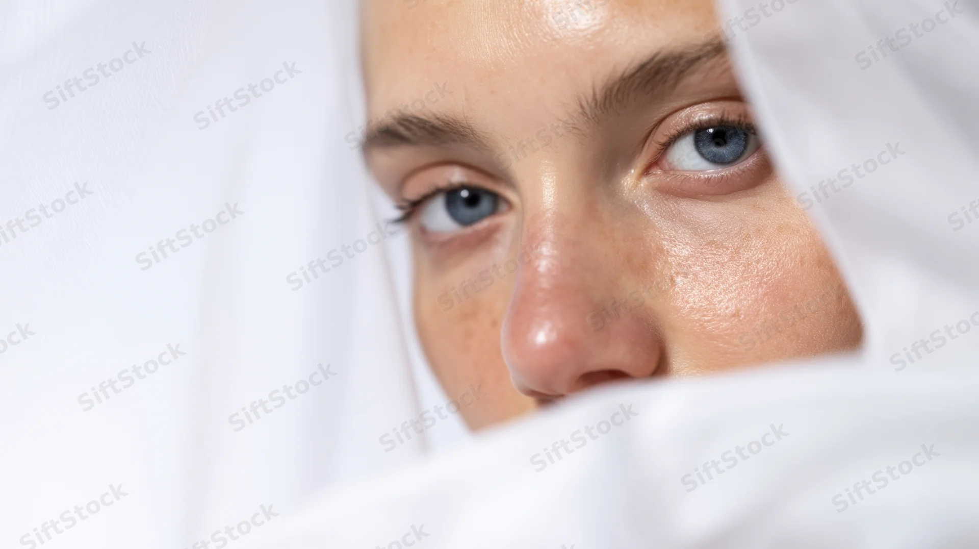 Close-up of a woman's face with blue eyes peeking through white sheer fabric