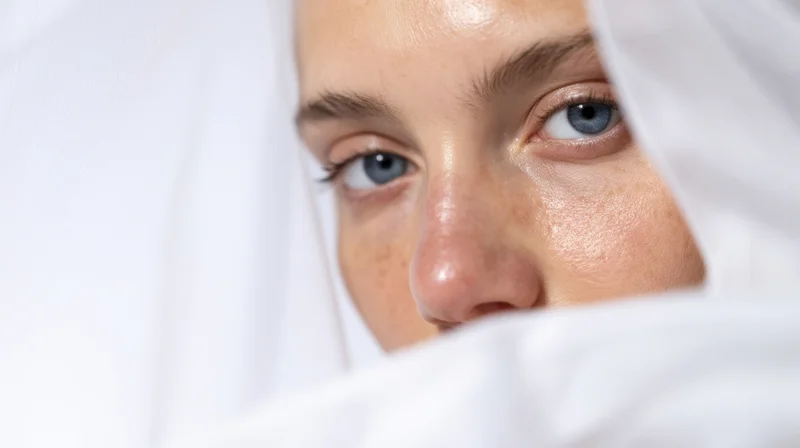 Close-up of a woman's face with blue eyes peeking through white sheer fabric