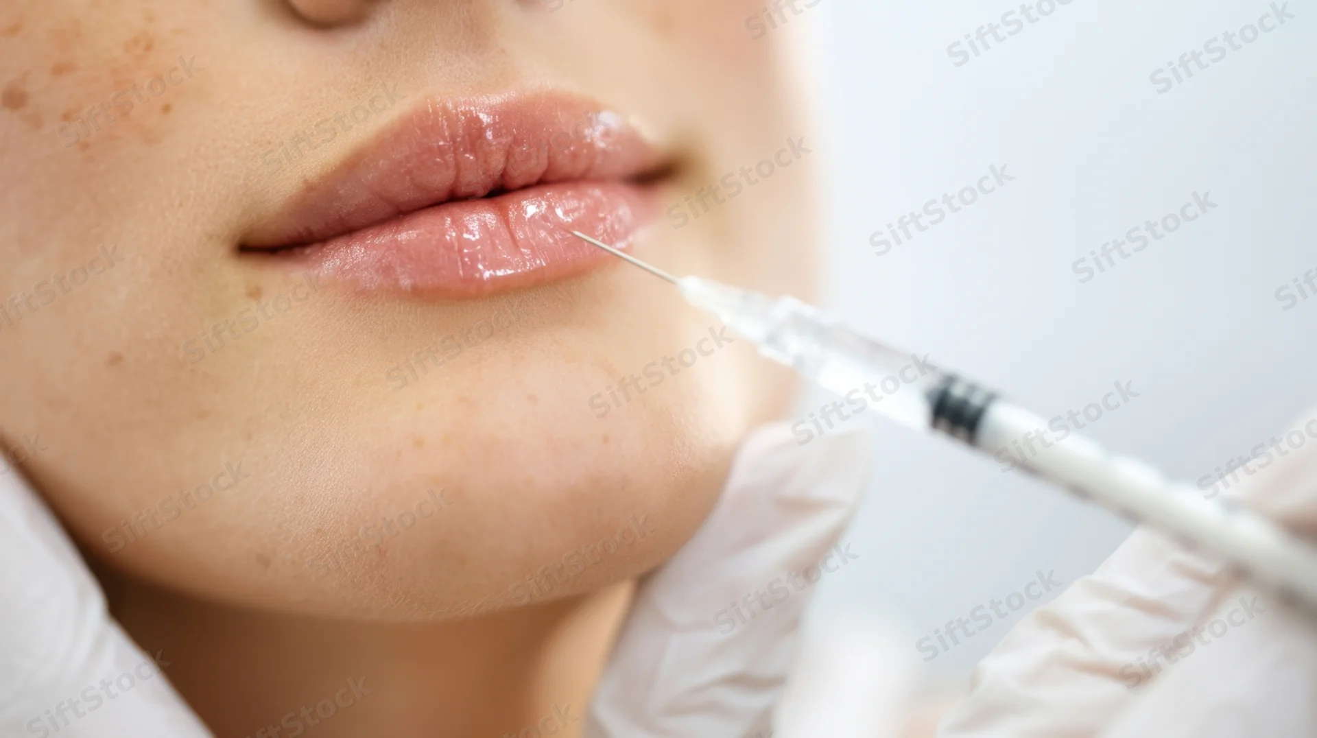 Woman receiving lip injection with syringe in clinical setting