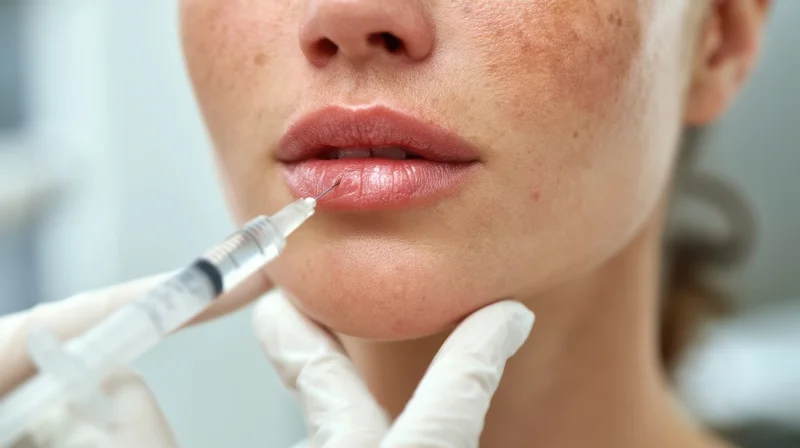 Woman receiving lip injection with syringe in clinical setting