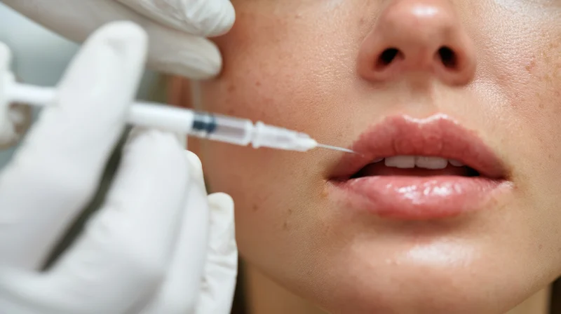 Woman receiving facial injection near lips in clinical setting