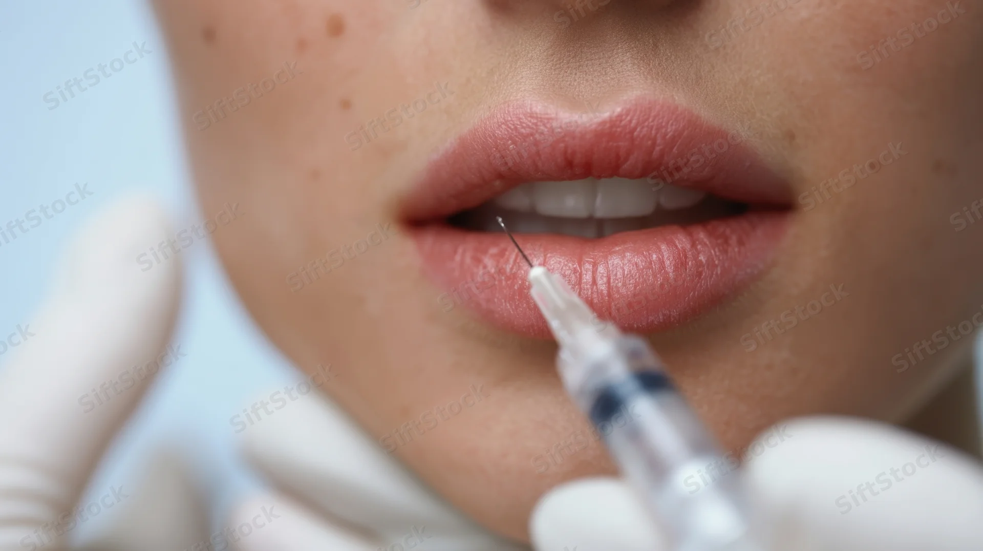 Woman receiving lip injection with syringe in clinical setting
