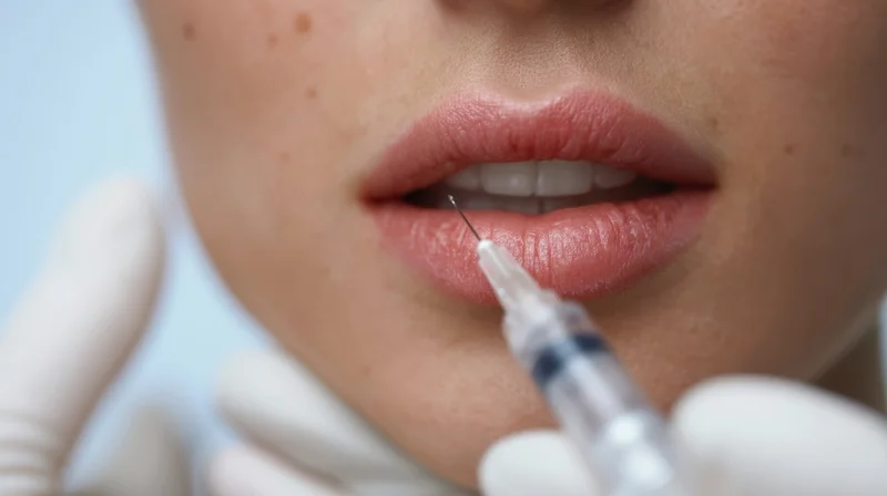 Woman receiving lip injection with syringe in clinical setting