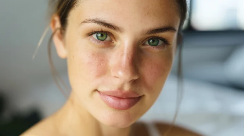 Close-up of a young woman with green eyes and freckles smiling softly indoors